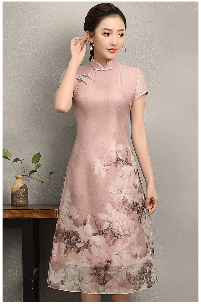 粉色玉蘭花旗袍，清新亮麗旗袍裙