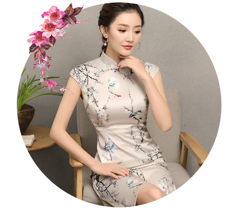 杏色曉鶴印花旗袍，時尚淡雅旗袍裙