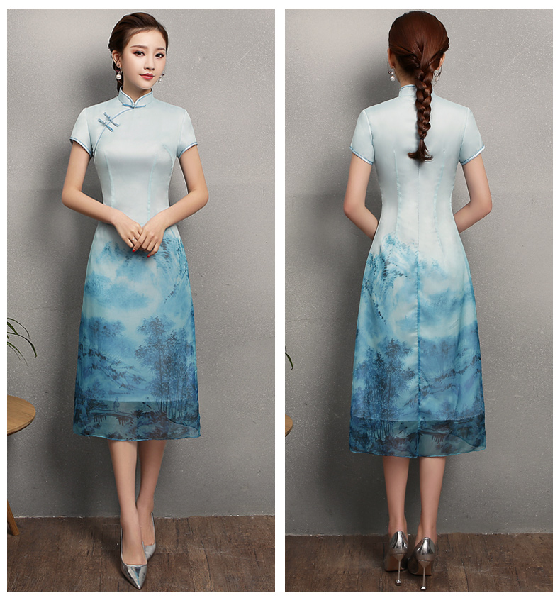 藍墨家佳樂文學旗袍，時尚中式旗袍裙