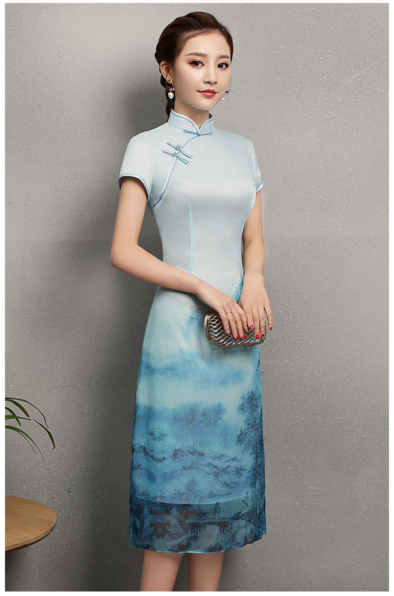 藍墨家佳樂文學旗袍，時尚中式旗袍裙