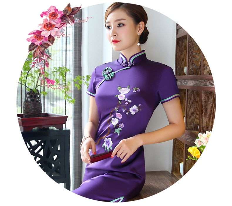 精致繡花高貴紫旗袍，時(shí)尚典雅旗袍裙
