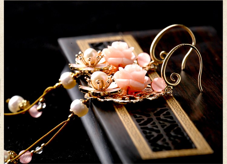 古風(fēng)唯美花朵耳墜耳環(huán)，氣質(zhì)超仙少女粉耳環(huán)