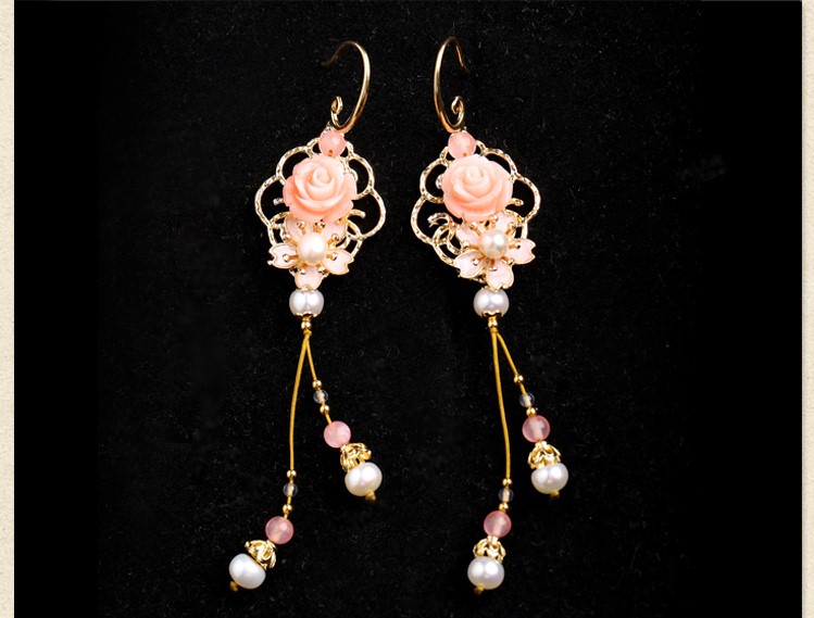 古風(fēng)唯美花朵耳墜耳環(huán)，氣質(zhì)超仙少女粉耳環(huán)
