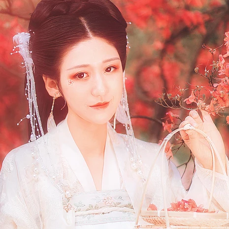 楓葉白衣帶團(tuán)扇女生頭像，唯美古風(fēng)真人頭像