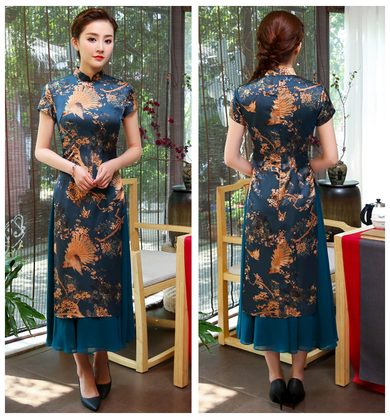 吉祥孔雀圖旗袍，家佳樂文學(xué)奧黛旗袍裙