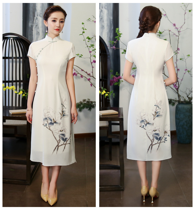 玉蘭花圖旗袍，素雅奧黛風(fēng)旗袍裙