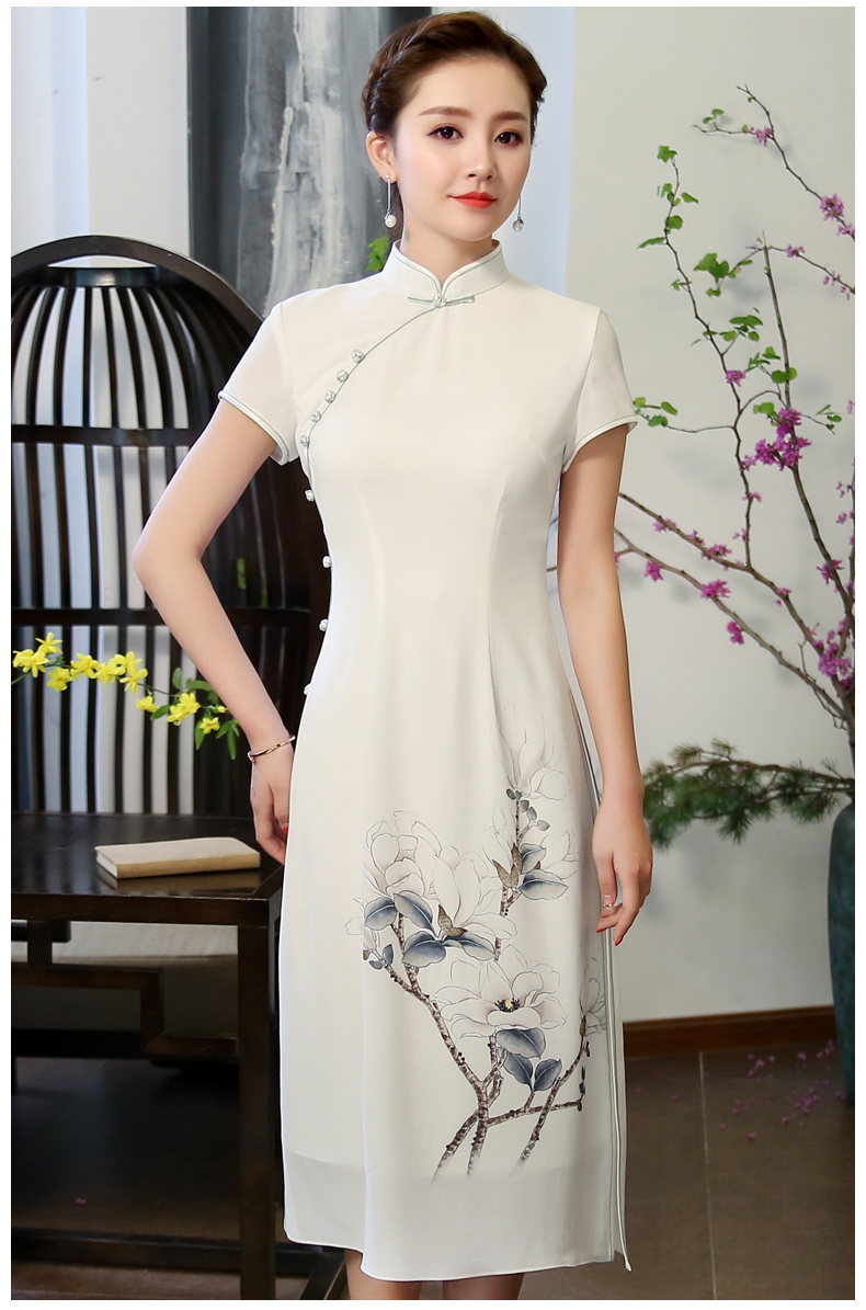玉蘭花圖旗袍，素雅奧黛風(fēng)旗袍裙