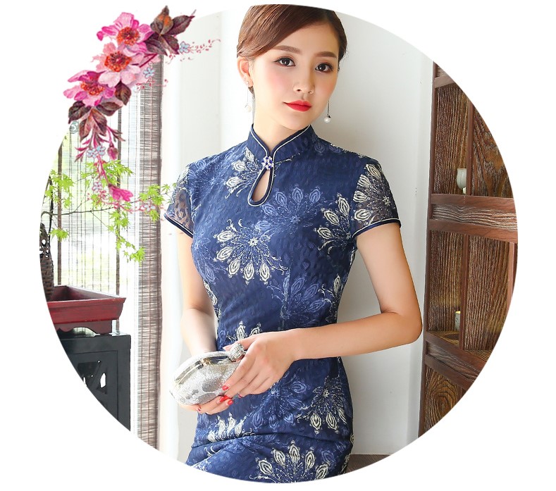 念花蕾絲旗袍，時(shí)尚魚尾旗袍裙