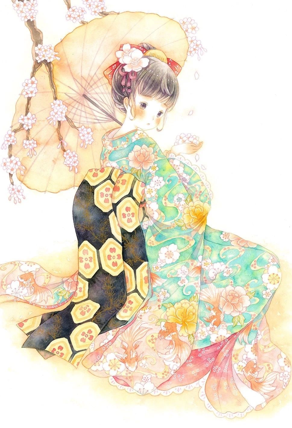 一組少女風(fēng)的日系水彩插畫：清新唯美萌妹紙