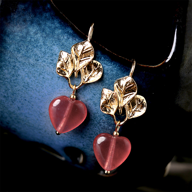 粉色心形吊墜耳環(huán)，溫暖古風耳飾首飾