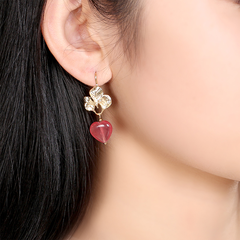 粉色心形吊墜耳環(huán)，溫暖古風耳飾首飾