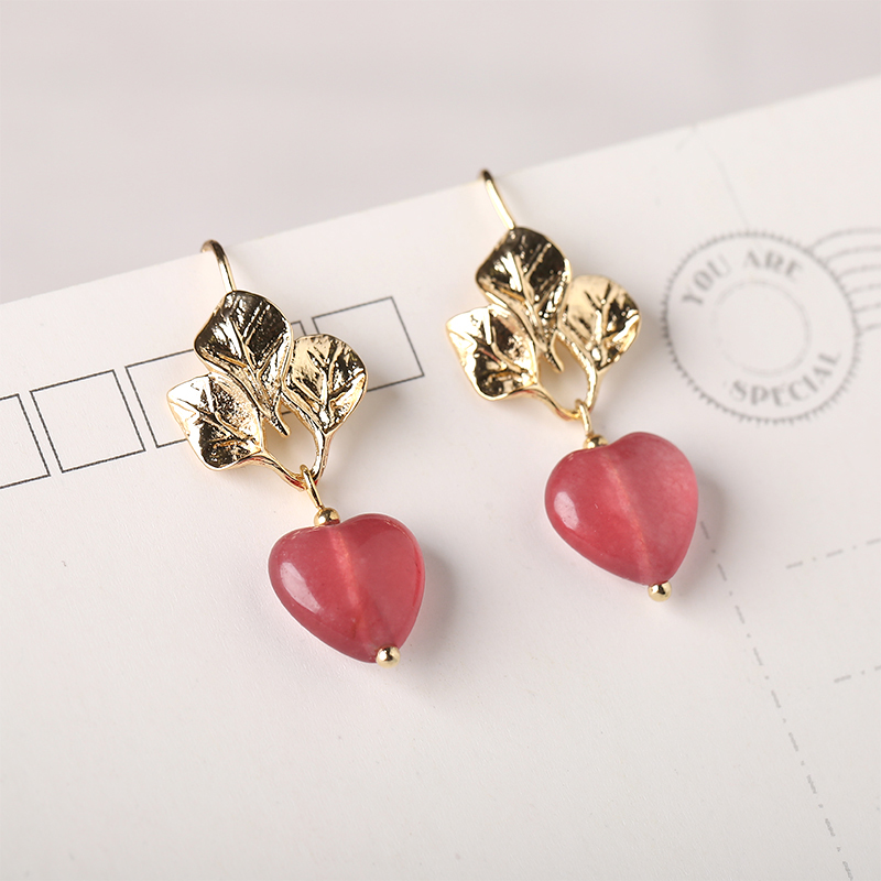 粉色心形吊墜耳環(huán)，溫暖古風耳飾首飾