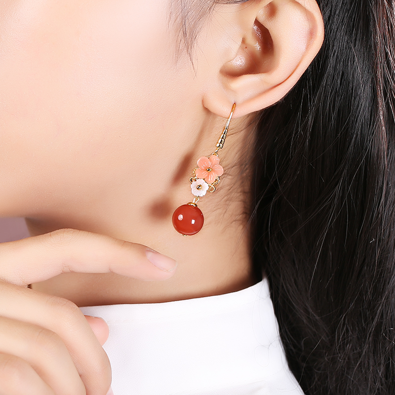 復古紅瑪瑙吊墜耳環(huán)，超仙花朵耳飾首飾