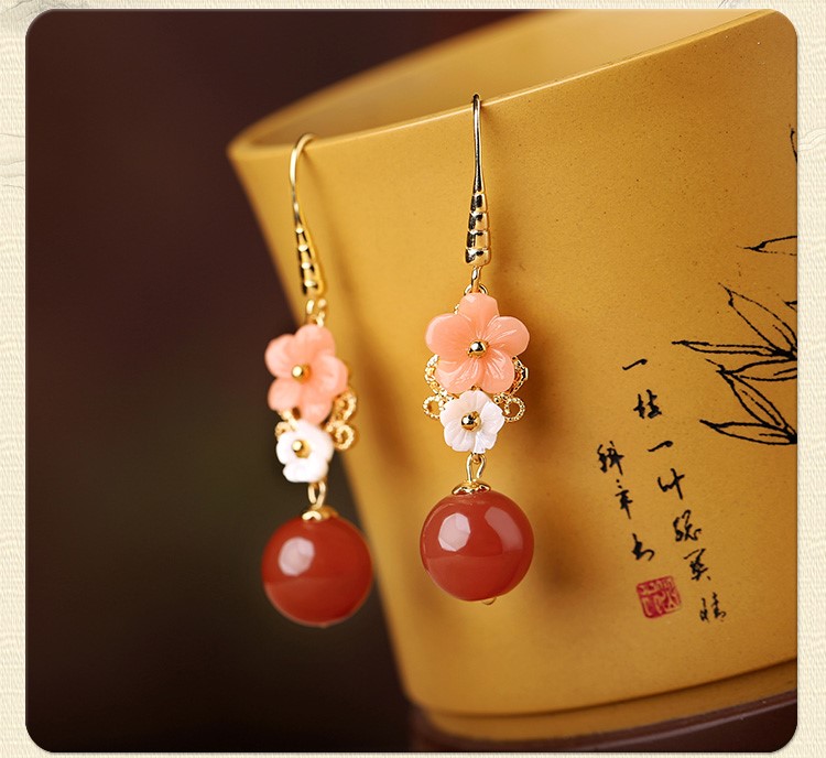 復古紅瑪瑙吊墜耳環(huán)，超仙花朵耳飾首飾