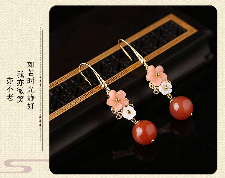 復古紅瑪瑙吊墜耳環(huán)，超仙花朵耳飾首飾