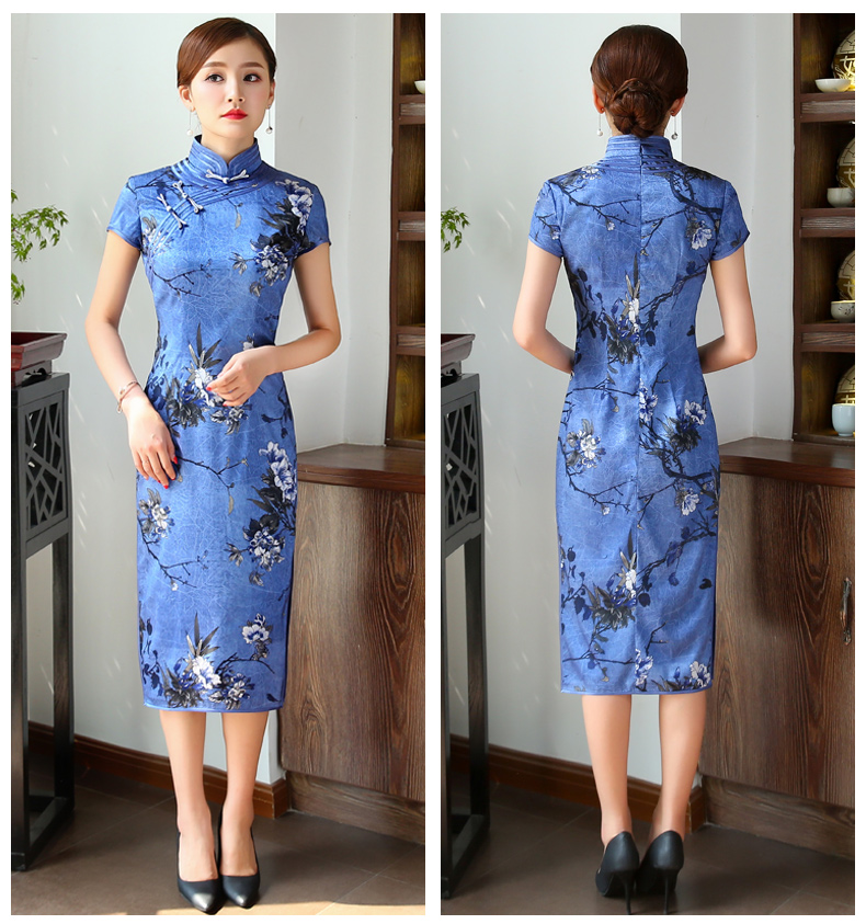 幽藍斜襟旗袍，優(yōu)雅迷人!