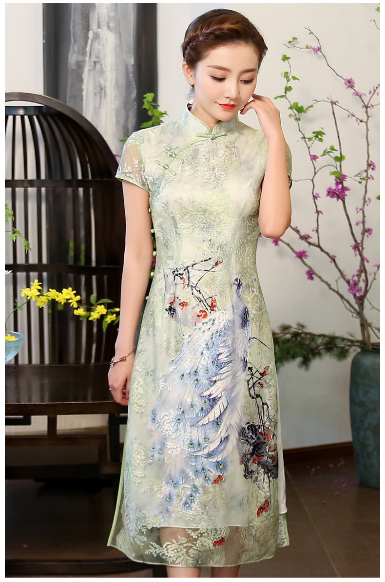 奧黛風(fēng)綠孔雀旗袍，蕾絲短袖旗袍裙!