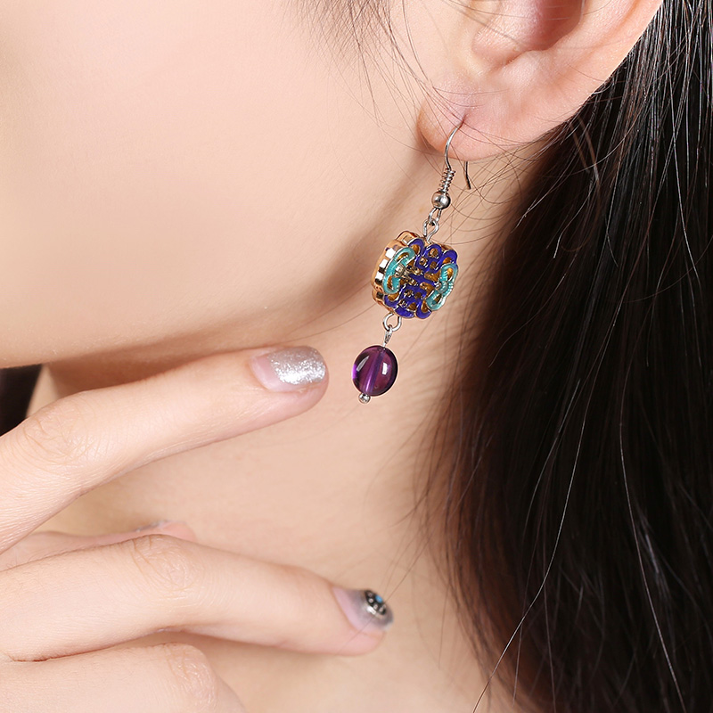 古典景泰藍耳環(huán)，紫水晶吊墜耳環(huán)首飾