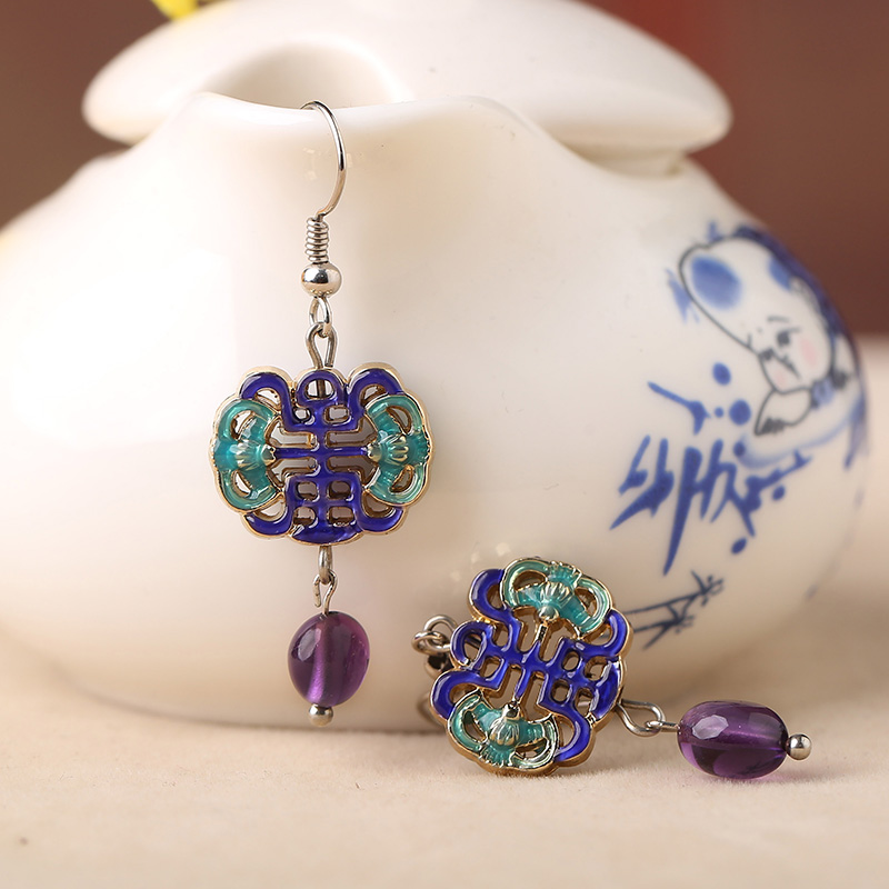 古典景泰藍耳環(huán)，紫水晶吊墜耳環(huán)首飾