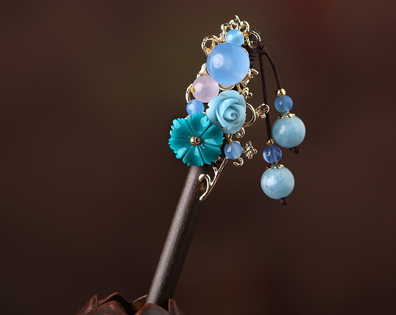 婉繡藍(lán)馨發(fā)簪，精致古典藍(lán)色頭飾