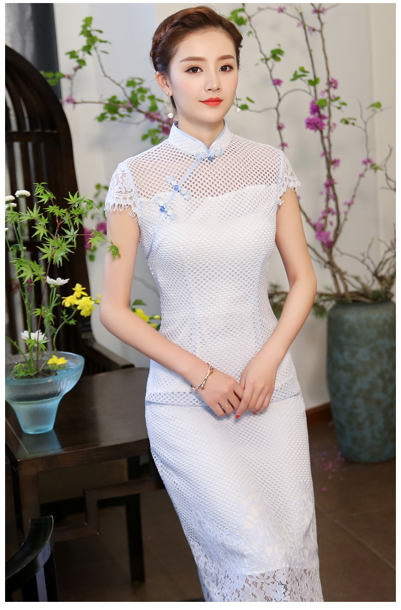 清爽伊人淡藍(lán)色旗袍，網(wǎng)狀鏤空旗袍裙