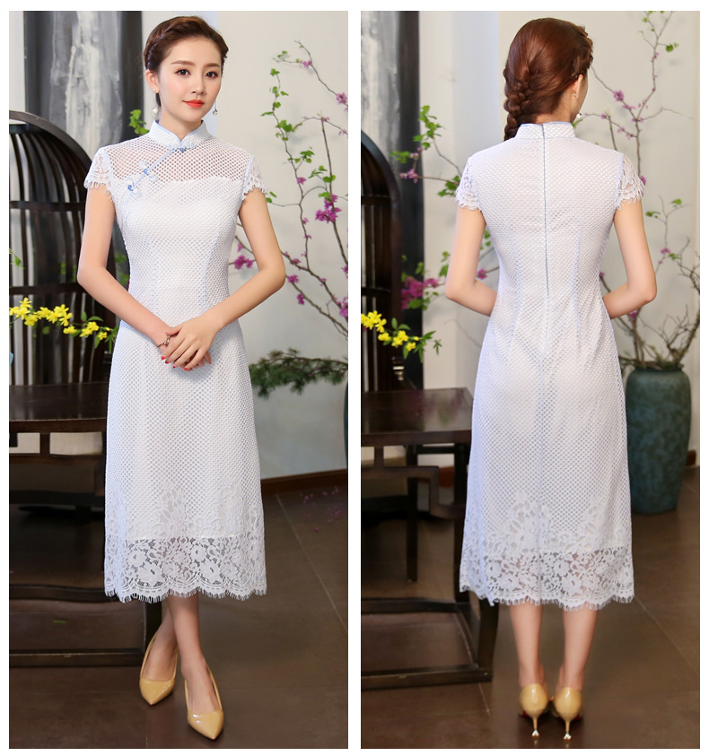 清爽伊人淡藍(lán)色旗袍，網(wǎng)狀鏤空旗袍裙