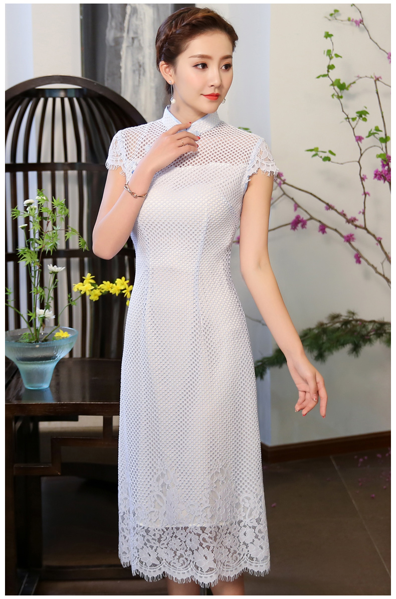 清爽伊人淡藍(lán)色旗袍，網(wǎng)狀鏤空旗袍裙