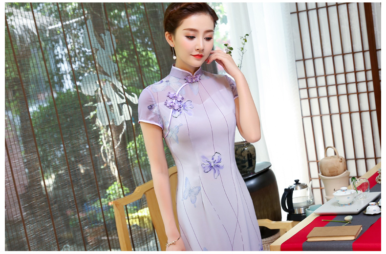 淡紫色旗袍，紫蝶唯美旗袍裙