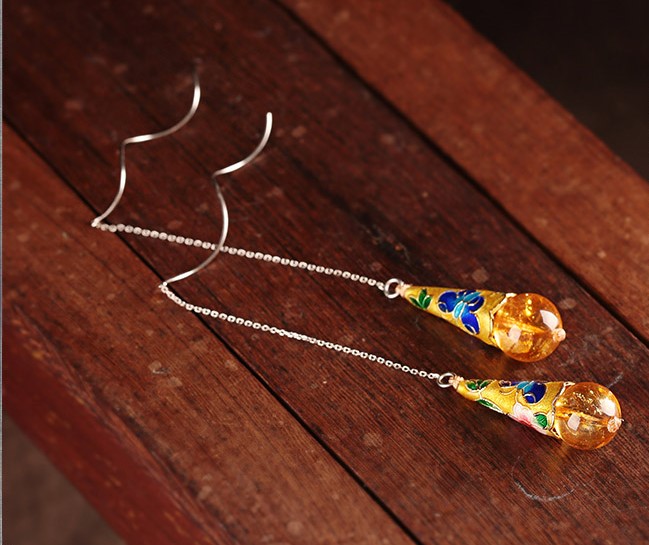 華麗古風(fēng)耳環(huán)，黃亮景泰藍(lán)純銀耳線首飾