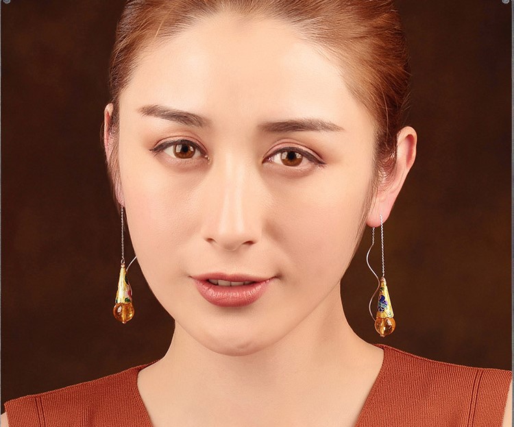 華麗古風(fēng)耳環(huán)，黃亮景泰藍(lán)純銀耳線首飾