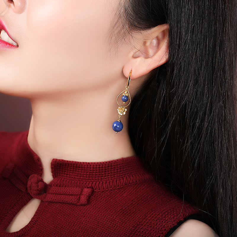 民族風(fēng)森系耳環(huán)，水墨藍(lán)紋石首飾