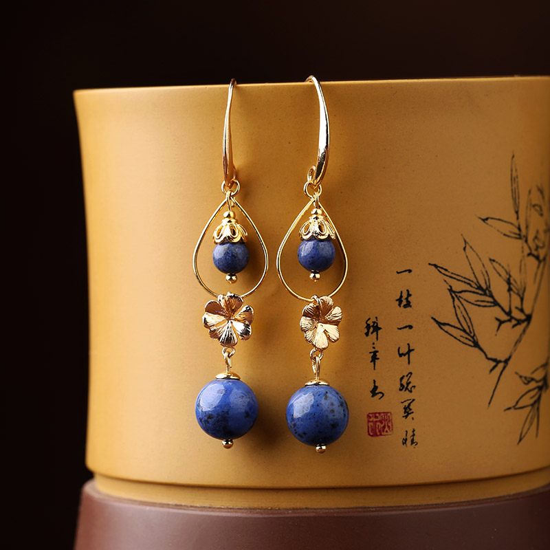 民族風(fēng)森系耳環(huán)，水墨藍(lán)紋石首飾