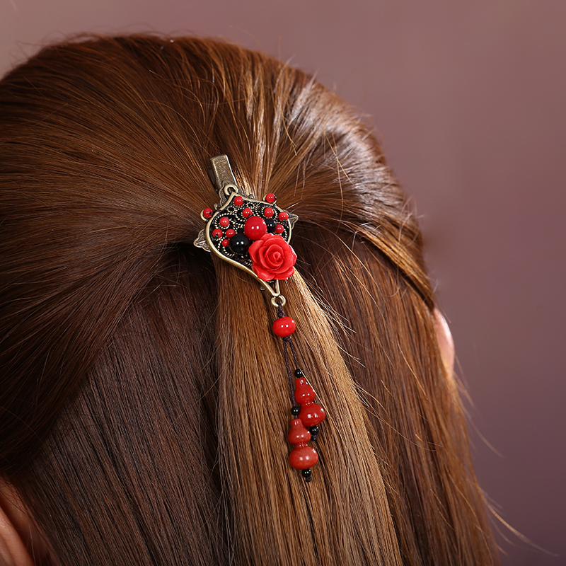 紅色雕漆復古頭飾，玫瑰花朵發(fā)夾