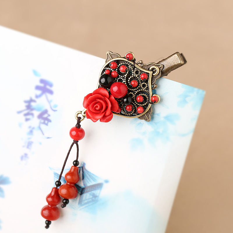 紅色雕漆復古頭飾，玫瑰花朵發(fā)夾