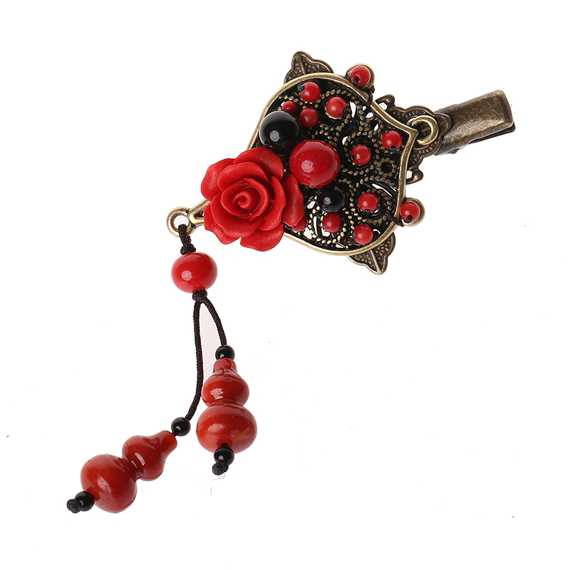 紅色雕漆復古頭飾，玫瑰花朵發(fā)夾