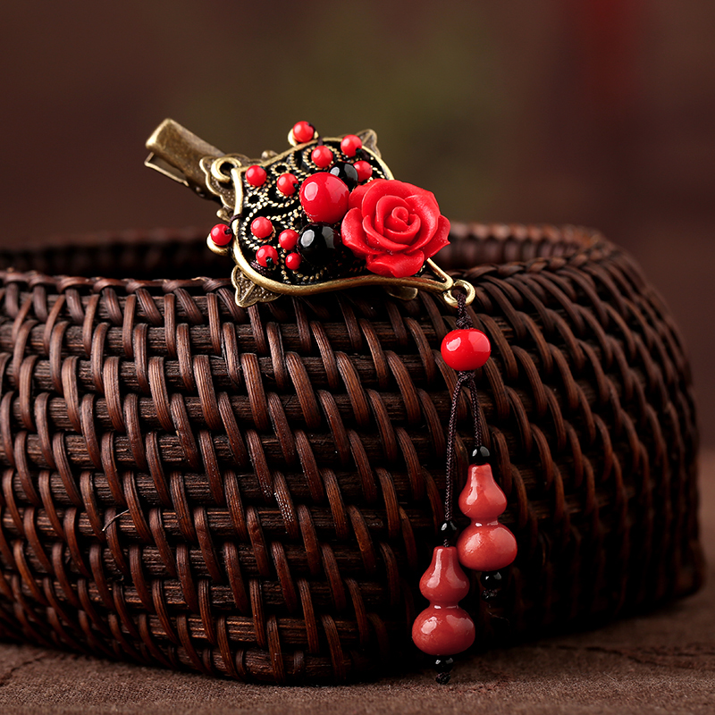 紅色雕漆復古頭飾，玫瑰花朵發(fā)夾