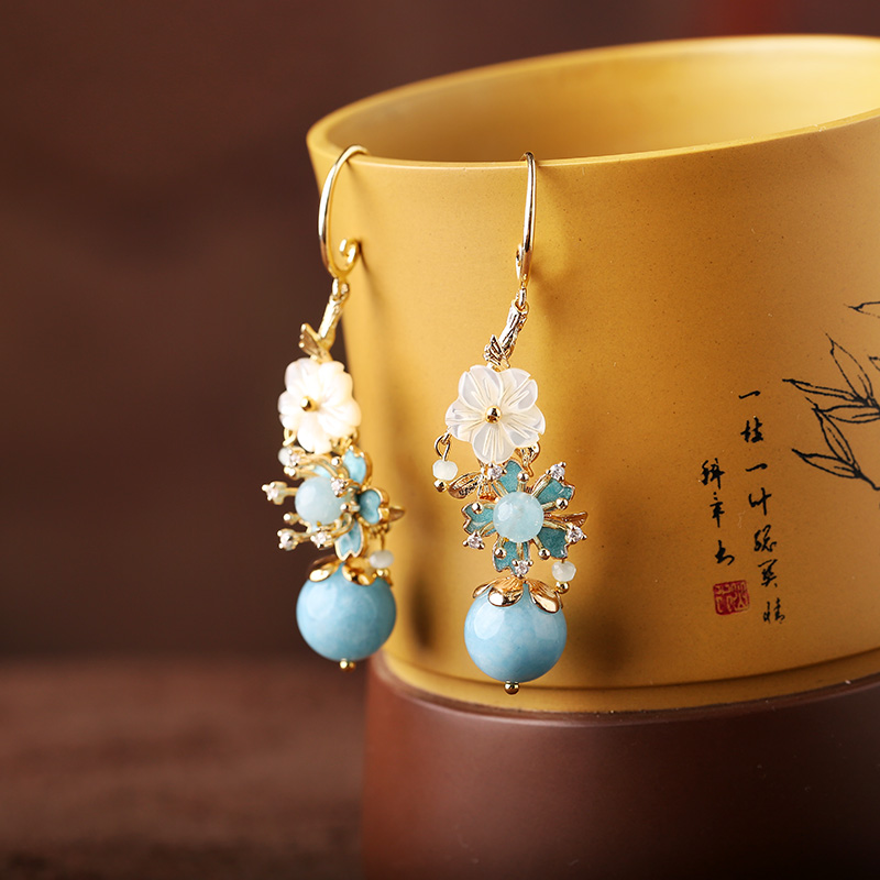 淡藍(lán)海風(fēng)系花朵耳飾，清涼清新氣質(zhì)耳環(huán)