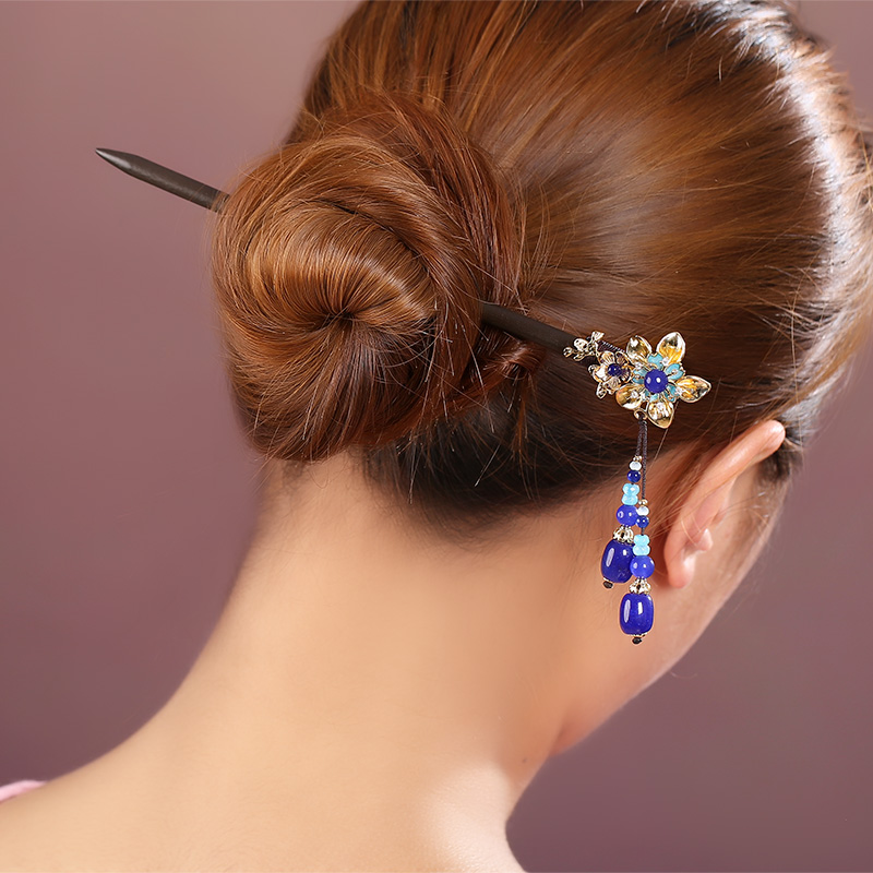 中式手工木簪子，藍(lán)色發(fā)簪頭飾