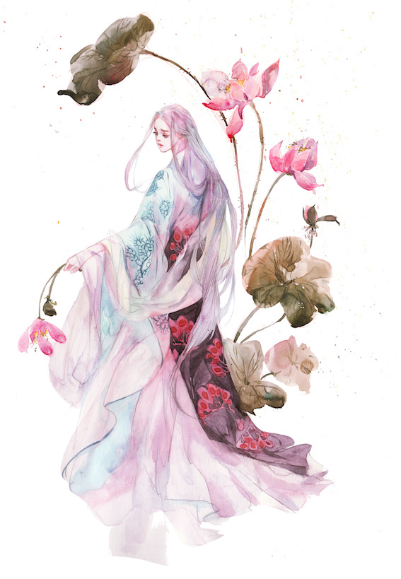 水彩古風(fēng)女子圖集，夢(mèng)幻粉色少女古風(fēng)圖片
