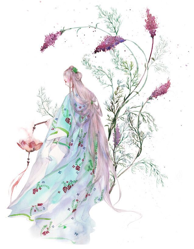 水彩古風(fēng)女子圖集，夢(mèng)幻粉色少女古風(fēng)圖片