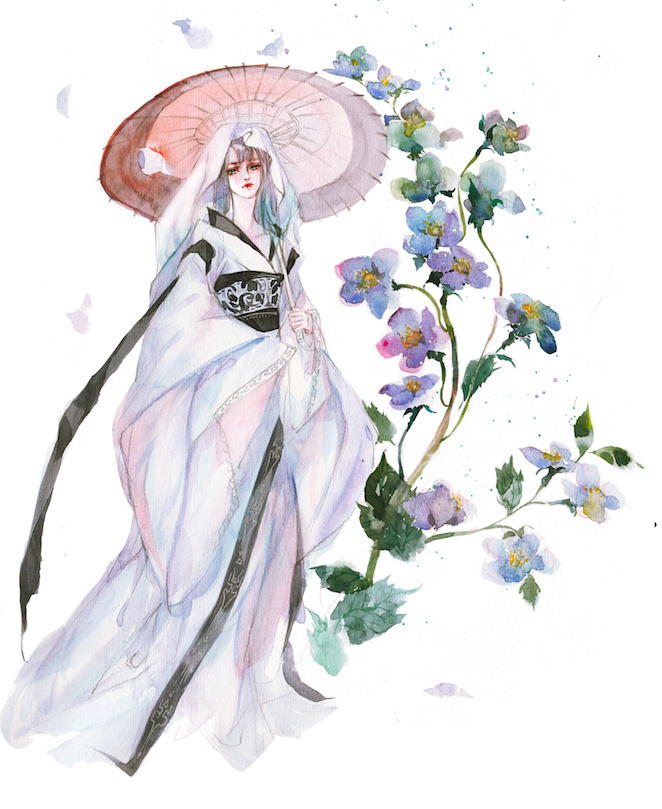 水彩古風(fēng)女子圖集，夢(mèng)幻粉色少女古風(fēng)圖片