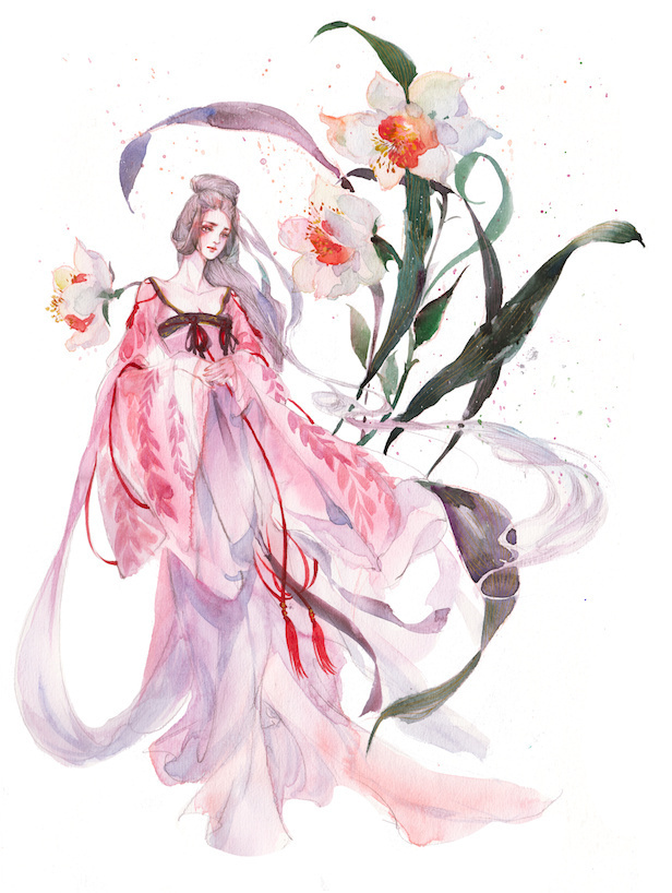 水彩古風(fēng)女子圖集，夢(mèng)幻粉色少女古風(fēng)圖片