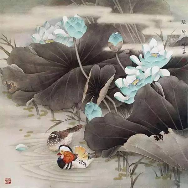 鴛鴦戲水圖集(18張)，好漂亮的國畫圖片