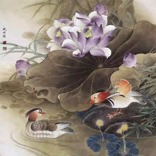 鴛鴦戲水圖集(18張)，好漂亮的國畫圖片