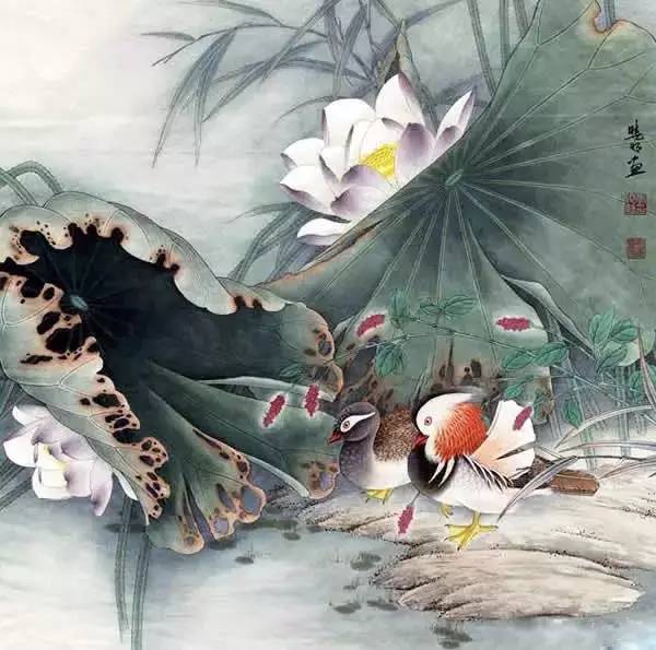 鴛鴦戲水圖集(18張)，好漂亮的國畫圖片