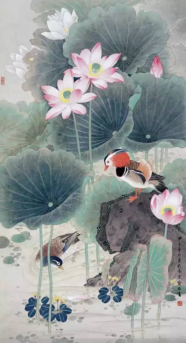 鴛鴦戲水圖集(18張)，好漂亮的國畫圖片