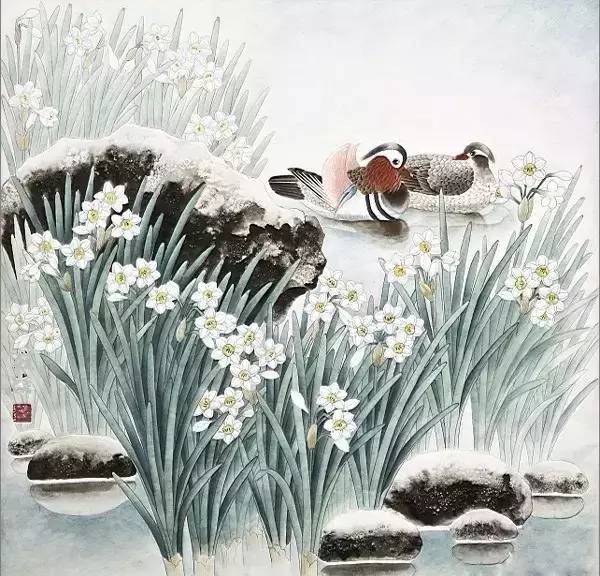 鴛鴦戲水圖集(18張)，好漂亮的國畫圖片