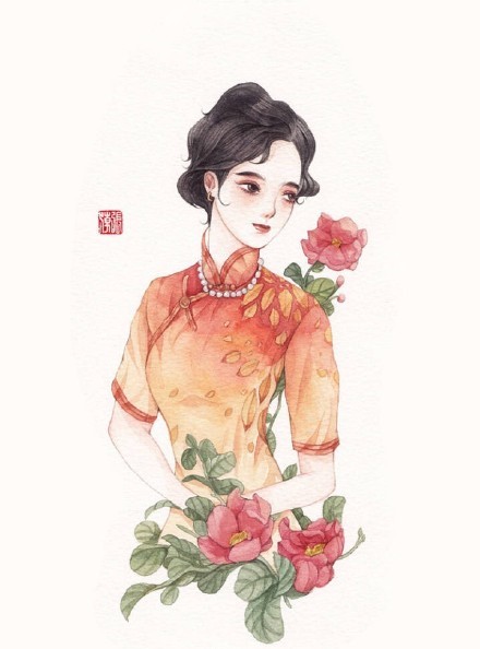 清新水彩旗袍女子插畫，唯美的古風(fēng)插畫圖集
