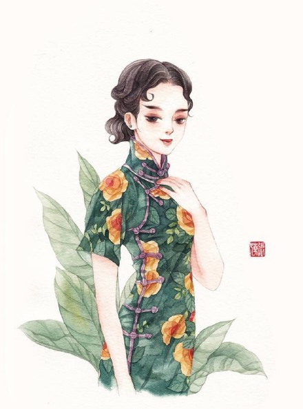 清新水彩旗袍女子插畫，唯美的古風(fēng)插畫圖集