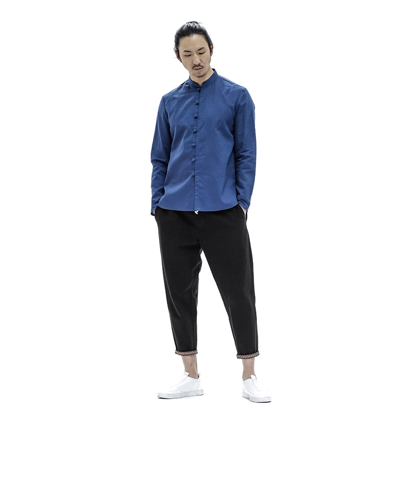 中式服裝唐裝盤扣麻料青年長袖